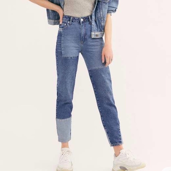 Free People Denim - Free People High Rise Straight Leg Mom Jeans Patchwork Cotton Size 26